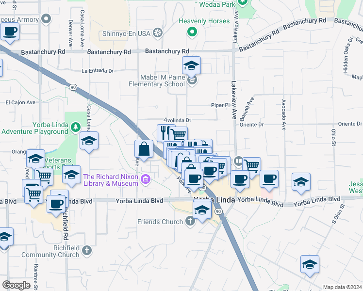 map of restaurants, bars, coffee shops, grocery stores, and more near 18242 Mandarin Lane in Yorba Linda