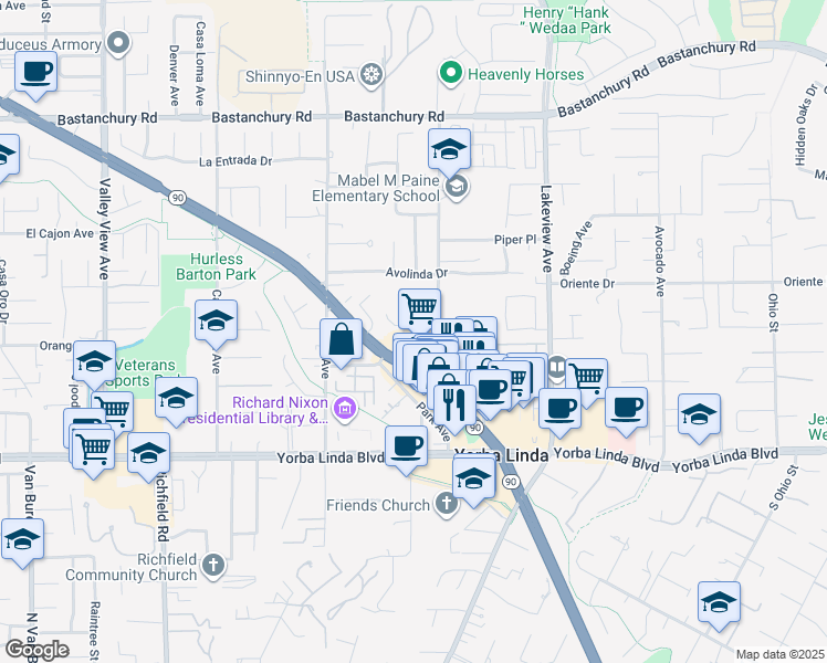 map of restaurants, bars, coffee shops, grocery stores, and more near 18242 Mandarin Lane in Yorba Linda
