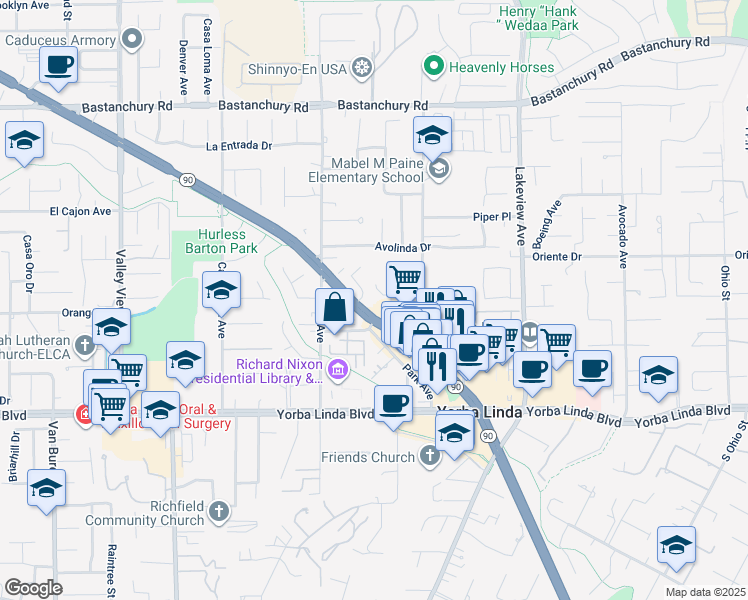 map of restaurants, bars, coffee shops, grocery stores, and more near 18152 Mandarin Lane in Yorba Linda