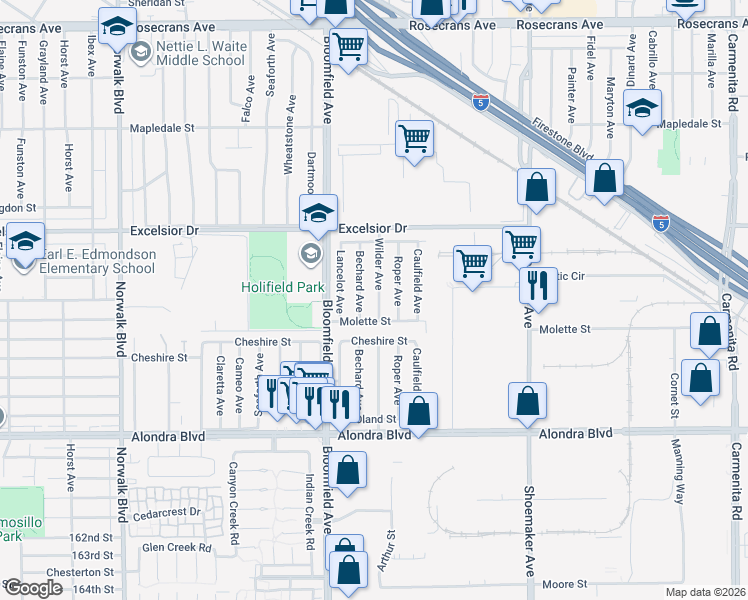 map of restaurants, bars, coffee shops, grocery stores, and more near 15309 Wilder Ave in Norwalk