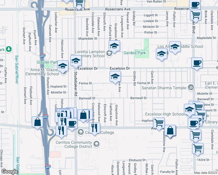 map of restaurants, bars, coffee shops, grocery stores, and more near 11208 Ferina Street in Norwalk