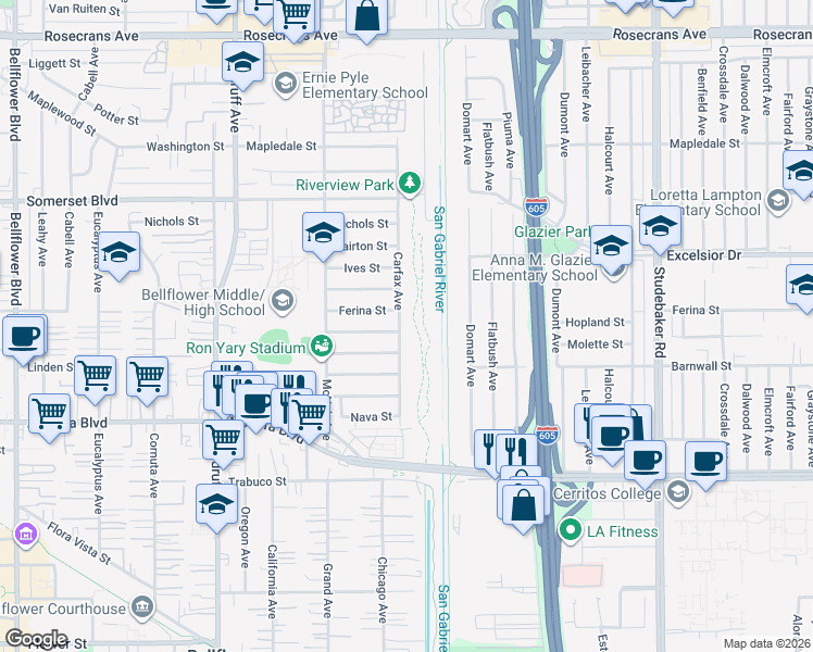 map of restaurants, bars, coffee shops, grocery stores, and more near 15518 Carfax Avenue in Bellflower