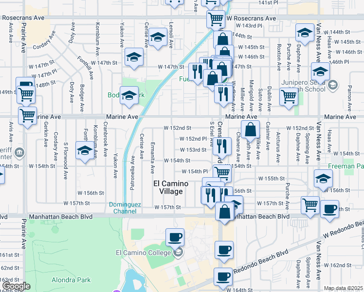 map of restaurants, bars, coffee shops, grocery stores, and more near 3243 West 153rd Street in Gardena