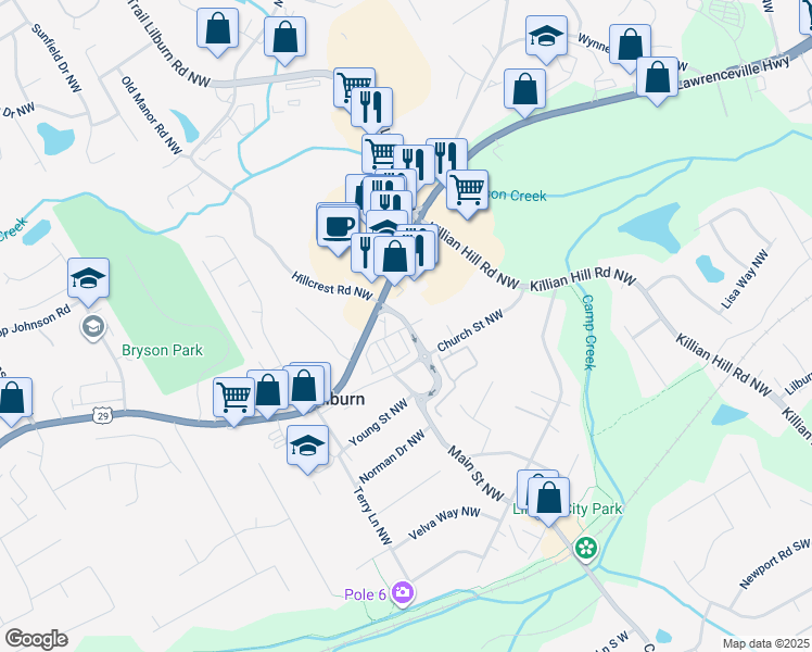 map of restaurants, bars, coffee shops, grocery stores, and more near 346 Main Street Northwest in Lilburn