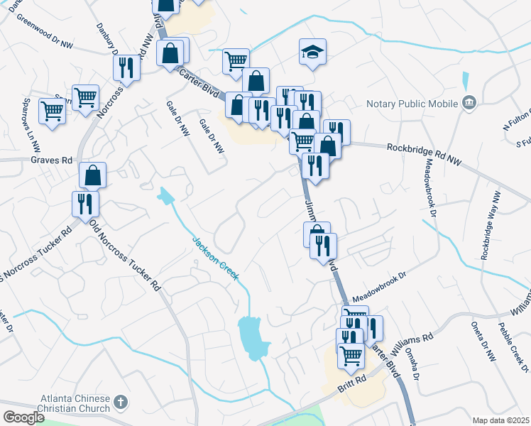 map of restaurants, bars, coffee shops, grocery stores, and more near 6375 Story Circle in Norcross