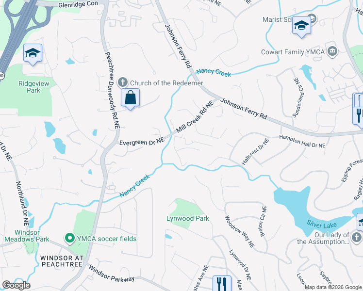 map of restaurants, bars, coffee shops, grocery stores, and more near 1026 Mill Overlook Northeast in Atlanta