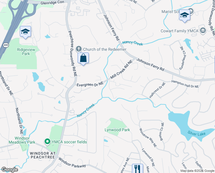 map of restaurants, bars, coffee shops, grocery stores, and more near 1022 Mill Overlook Northeast in Atlanta