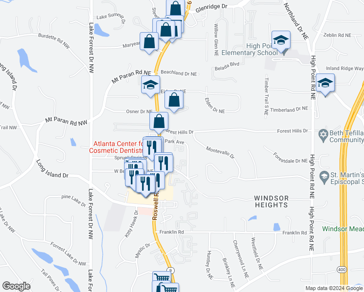 map of restaurants, bars, coffee shops, grocery stores, and more near 6506 Park Avenue in Atlanta