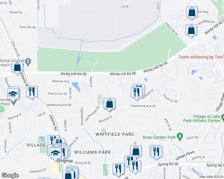 map of restaurants, bars, coffee shops, grocery stores, and more near 2904 Cottesford Way Southeast in Smyrna