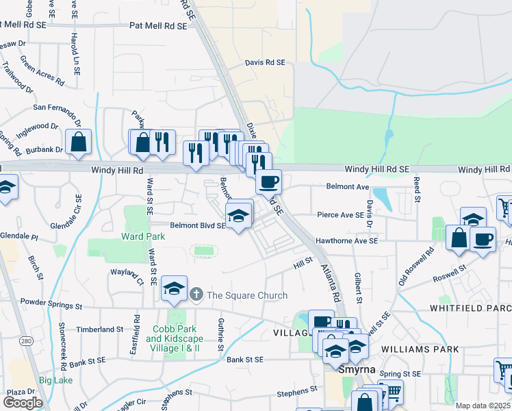 map of restaurants, bars, coffee shops, grocery stores, and more near 1129 Kirkland Circle in Smyrna