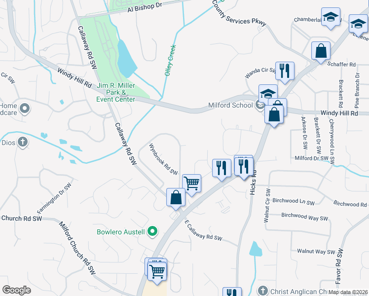map of restaurants, bars, coffee shops, grocery stores, and more near 1160 Woodleigh Road Southwest in Marietta