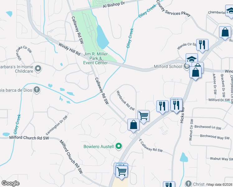 map of restaurants, bars, coffee shops, grocery stores, and more near 1231 Woodleigh Road Southwest in Marietta