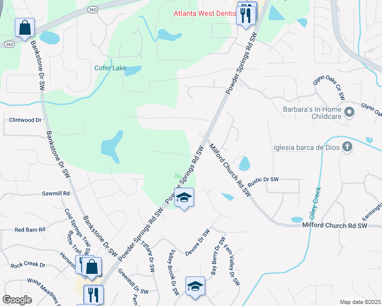 map of restaurants, bars, coffee shops, grocery stores, and more near 1970 Powder Springs Road Southwest in Marietta