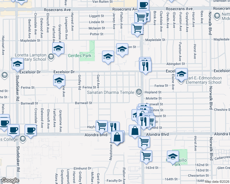 map of restaurants, bars, coffee shops, grocery stores, and more near 15217 Jersey Avenue in Norwalk