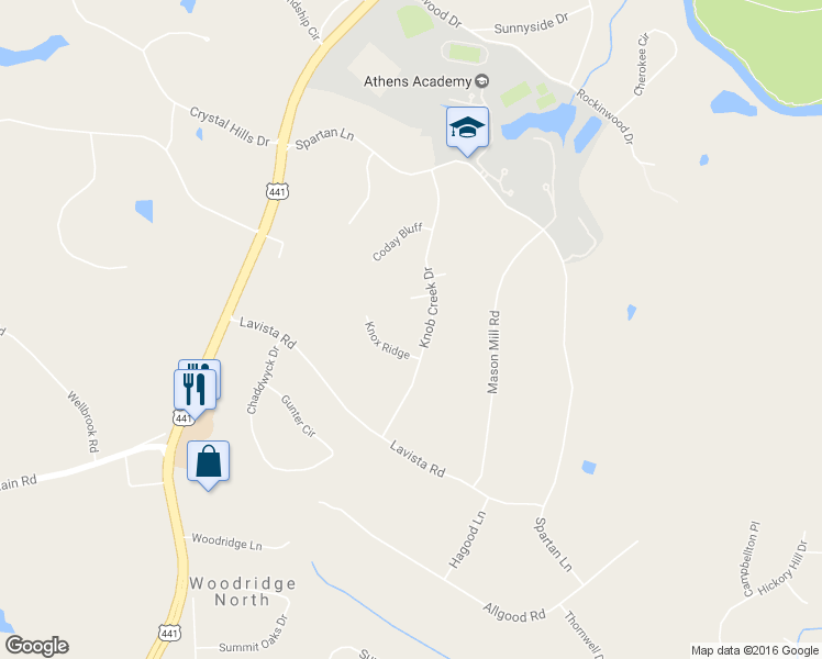 map of restaurants, bars, coffee shops, grocery stores, and more near 1200 Knob Creek Drive in Athens