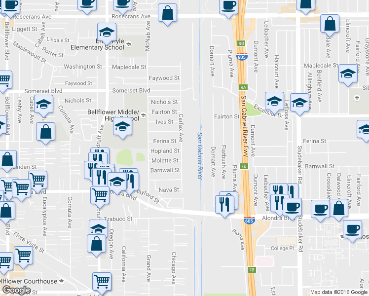 map of restaurants, bars, coffee shops, grocery stores, and more near 15518 Carfax Avenue in Bellflower