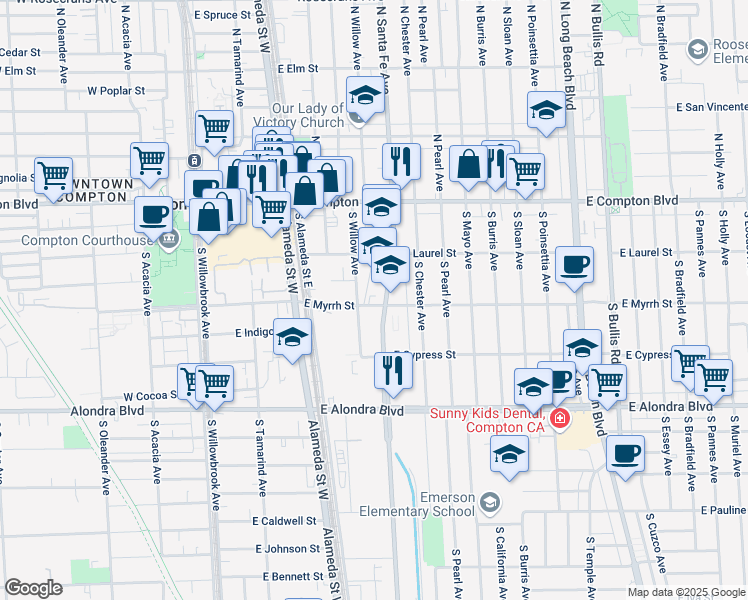 map of restaurants, bars, coffee shops, grocery stores, and more near 445 South Santa Fe Avenue in Compton