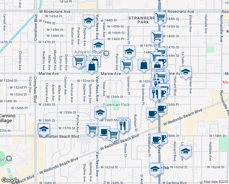 map of restaurants, bars, coffee shops, grocery stores, and more near 15313 Parron Avenue in Gardena