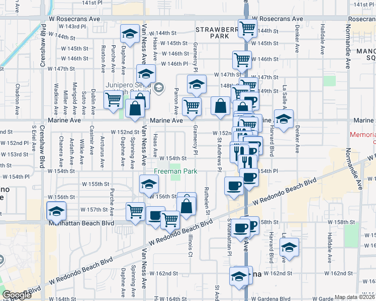 map of restaurants, bars, coffee shops, grocery stores, and more near 15312 Wilton Place in Gardena