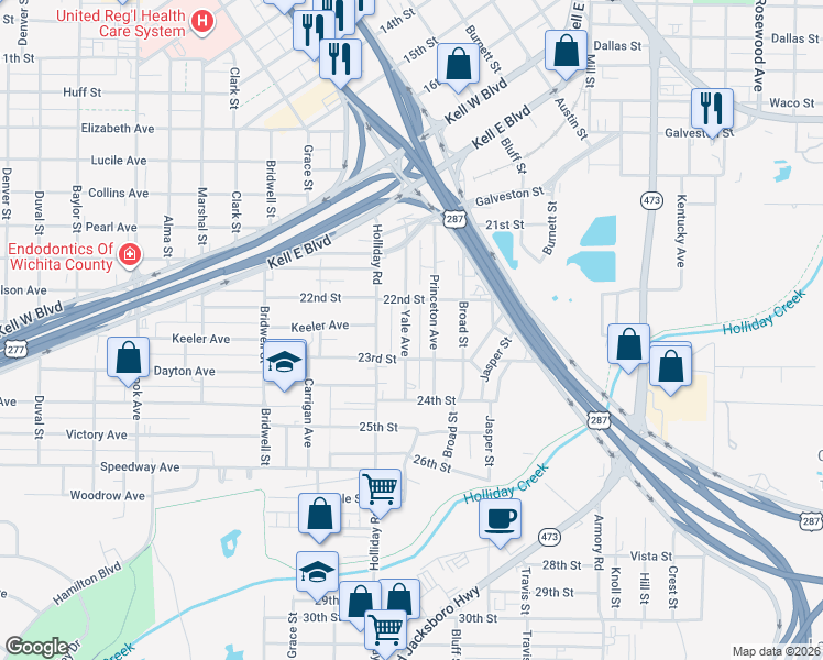 map of restaurants, bars, coffee shops, grocery stores, and more near 2213 Yale Avenue in Wichita Falls