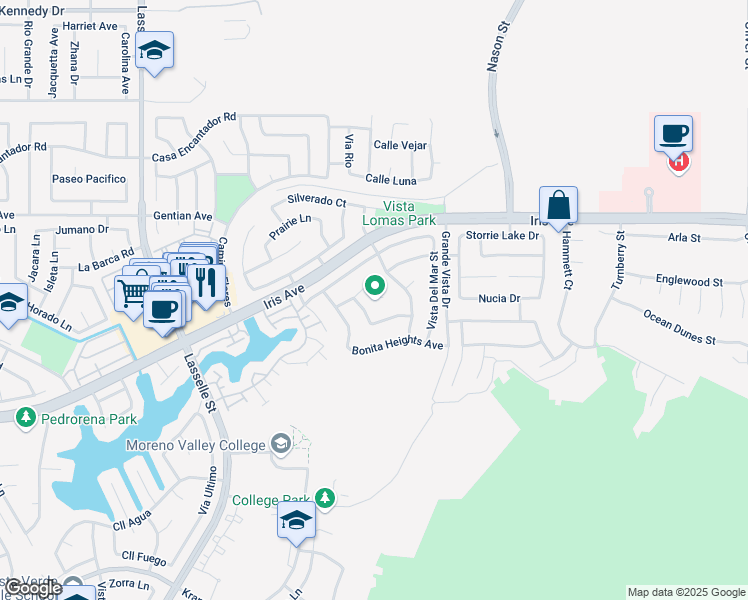 map of restaurants, bars, coffee shops, grocery stores, and more near 15737 Belleza Circle in Moreno Valley