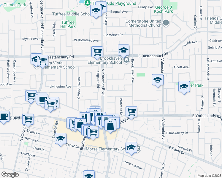 map of restaurants, bars, coffee shops, grocery stores, and more near 1613 Salmon River in Placentia