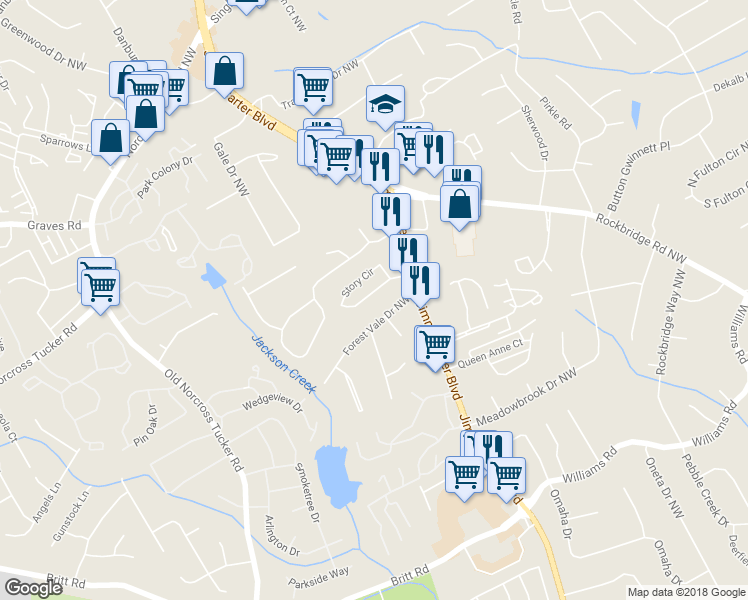 map of restaurants, bars, coffee shops, grocery stores, and more near 6302 Story Circle in Norcross