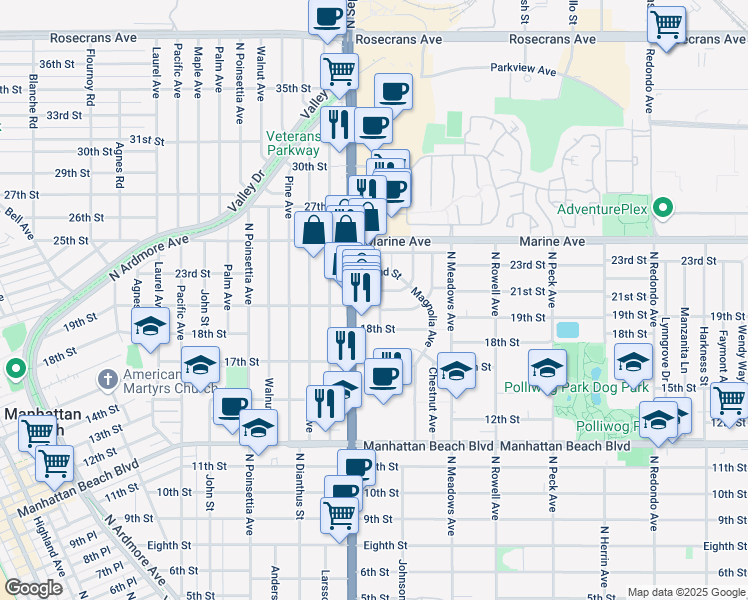 map of restaurants, bars, coffee shops, grocery stores, and more near 2007 Cedar Avenue in Manhattan Beach