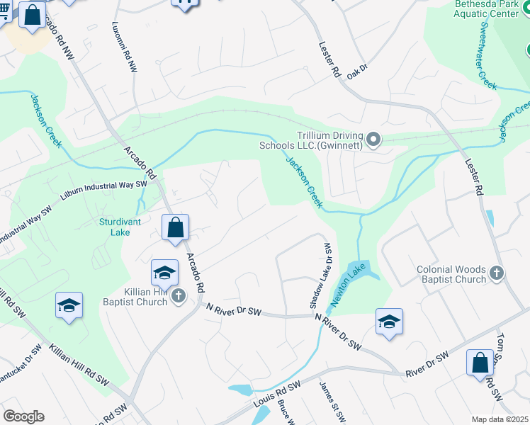 map of restaurants, bars, coffee shops, grocery stores, and more near 4080 Bowers Pointe Drive Southwest in Lilburn