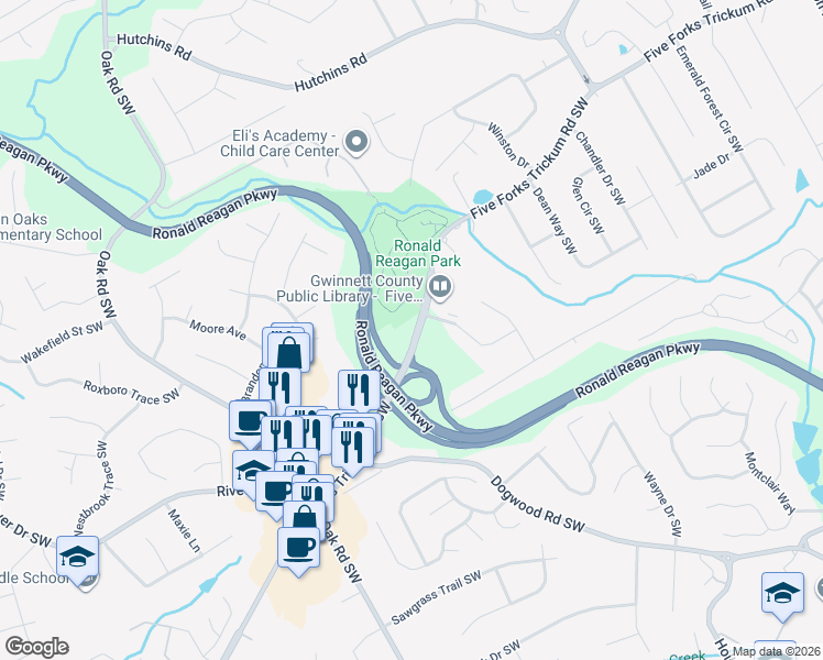 map of restaurants, bars, coffee shops, grocery stores, and more near 2843 Five Forks Trickum Road Southwest in Lawrenceville