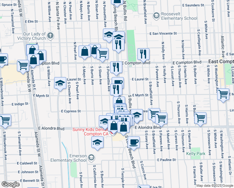 map of restaurants, bars, coffee shops, grocery stores, and more near in Compton