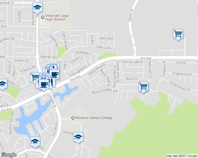 map of restaurants, bars, coffee shops, grocery stores, and more near 15737 Belleza Circle in Moreno Valley