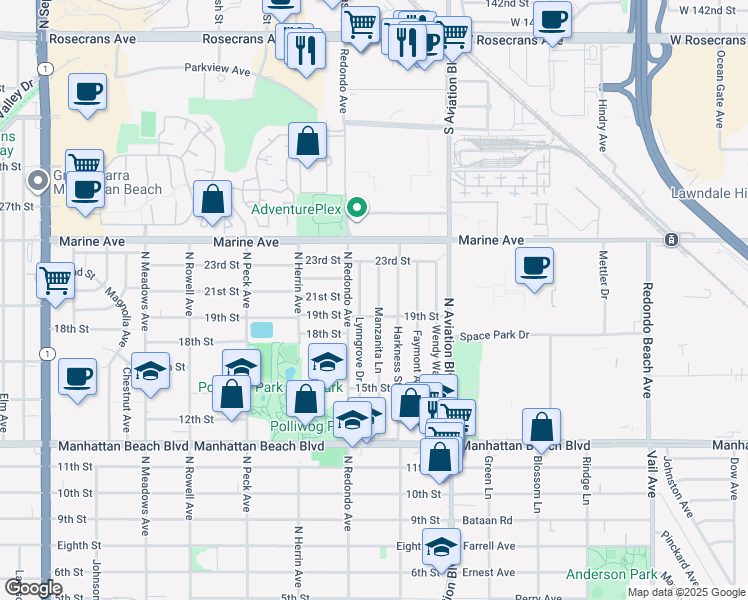 map of restaurants, bars, coffee shops, grocery stores, and more near 2001 Manzanita Lane in Manhattan Beach
