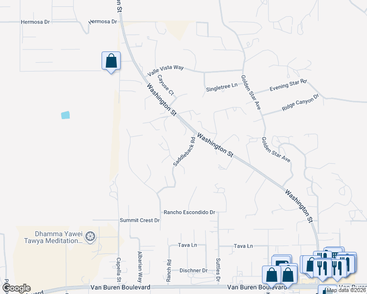 map of restaurants, bars, coffee shops, grocery stores, and more near 15607 Saddleback Road in Riverside