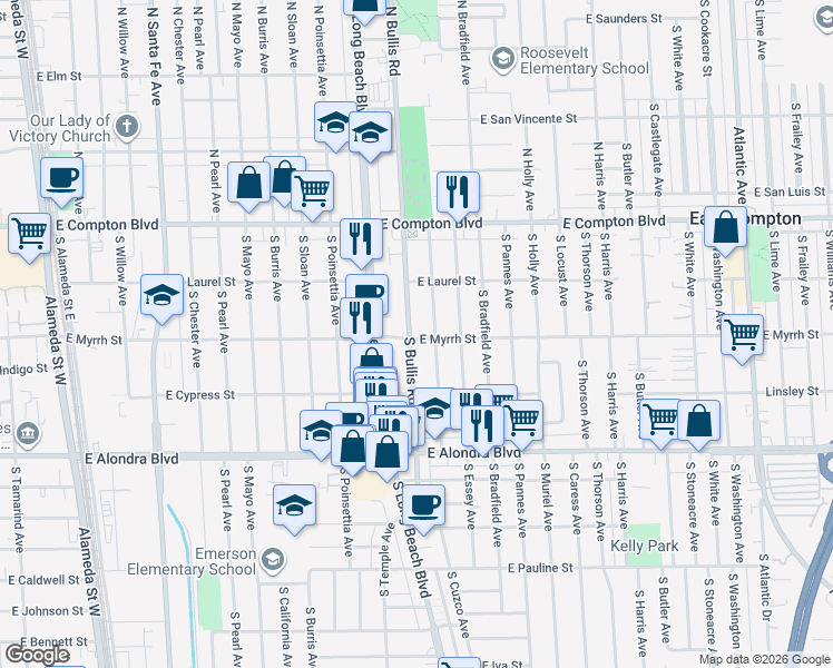 map of restaurants, bars, coffee shops, grocery stores, and more near 424 South Bullis Road in Compton