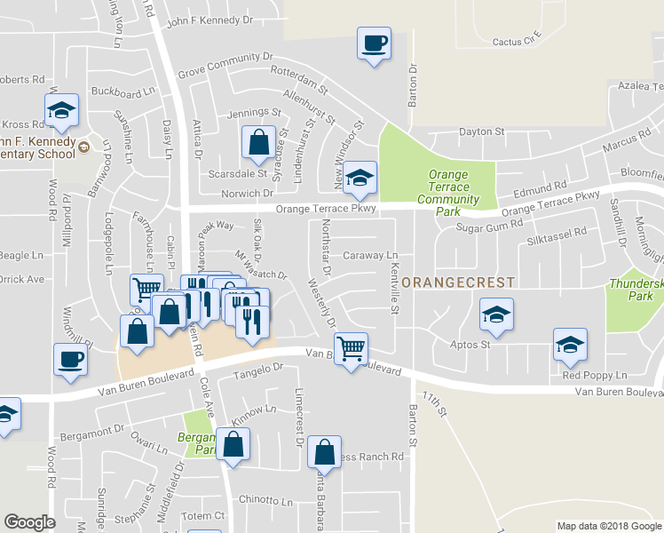 map of restaurants, bars, coffee shops, grocery stores, and more near 8740 Northstar Drive in Riverside