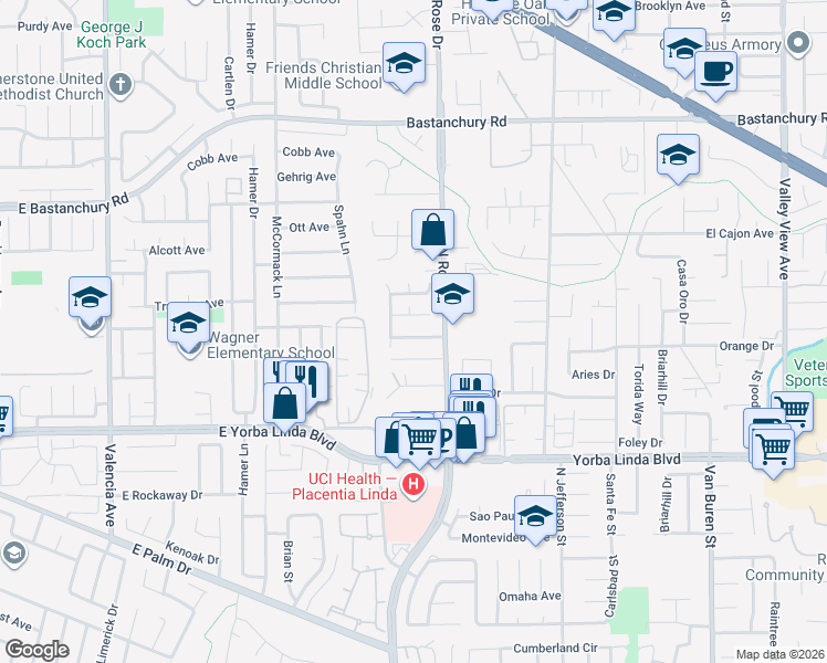 map of restaurants, bars, coffee shops, grocery stores, and more near 16691 Orange Drive in Yorba Linda