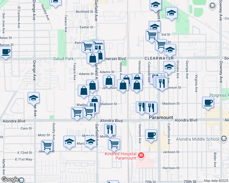 map of restaurants, bars, coffee shops, grocery stores, and more near 15515 Minnesota Avenue in Paramount