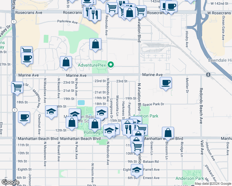 map of restaurants, bars, coffee shops, grocery stores, and more near 2001 Manzanita Lane in Manhattan Beach