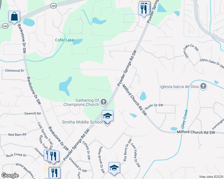 map of restaurants, bars, coffee shops, grocery stores, and more near 1970 Powder Springs Road Southwest in Marietta