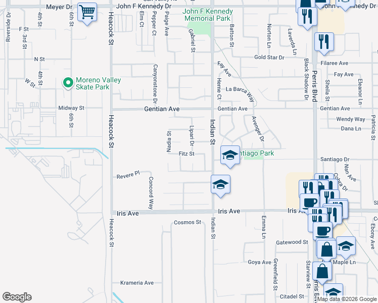 map of restaurants, bars, coffee shops, grocery stores, and more near 15721 Lipari Drive in Moreno Valley