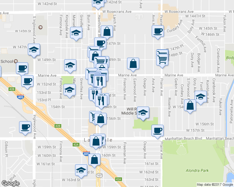 map of restaurants, bars, coffee shops, grocery stores, and more near 4231 153rd Street in Lawndale