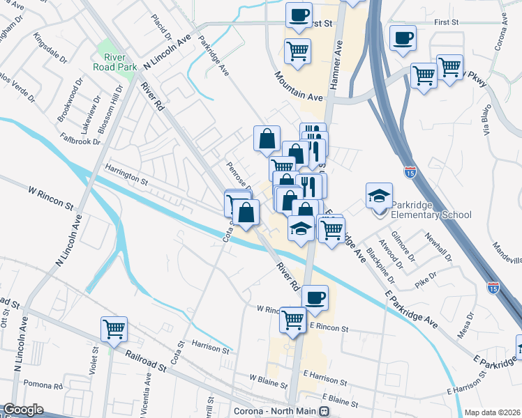 map of restaurants, bars, coffee shops, grocery stores, and more near 877 Havasu Street in Corona