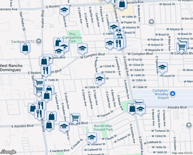 map of restaurants, bars, coffee shops, grocery stores, and more near 333 South Aprilia Avenue in Compton