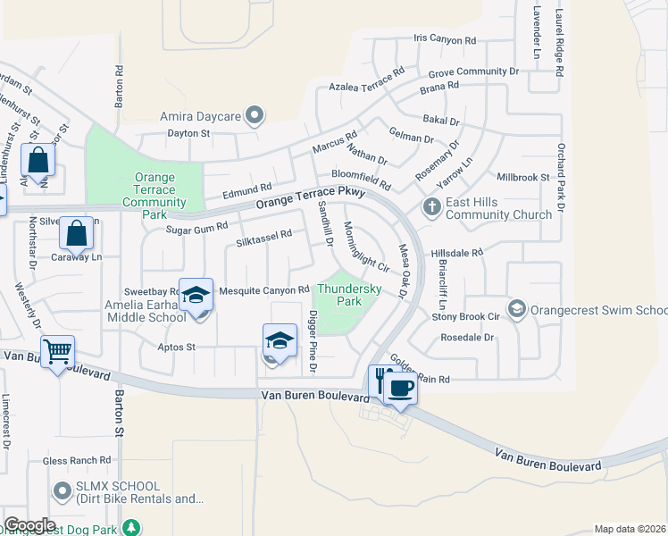 map of restaurants, bars, coffee shops, grocery stores, and more near 8761 Sandhill Drive in Riverside