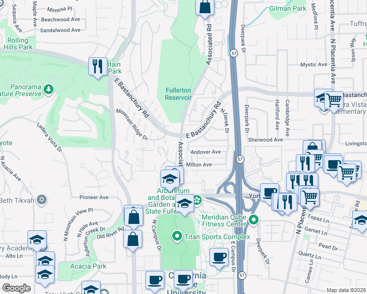 map of restaurants, bars, coffee shops, grocery stores, and more near 2140 Associated Road in Fullerton