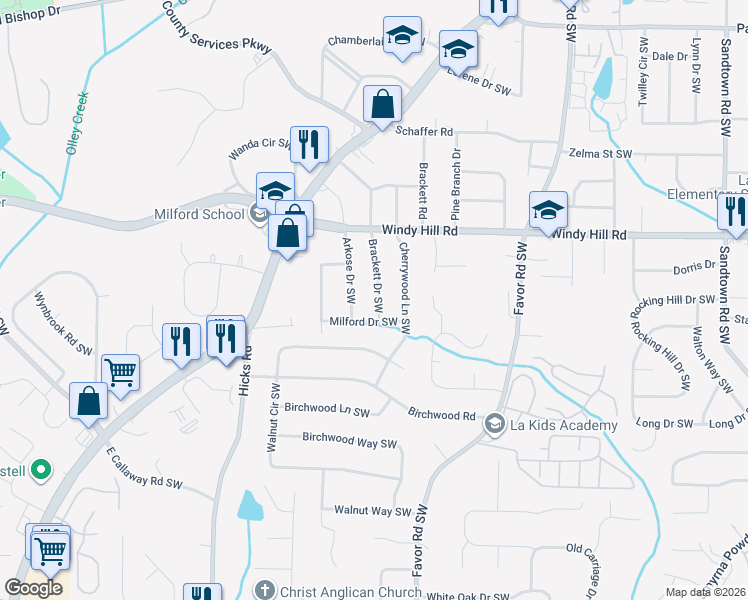 map of restaurants, bars, coffee shops, grocery stores, and more near 2504 Brackett Drive Southwest in Marietta