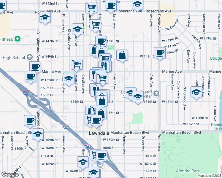 map of restaurants, bars, coffee shops, grocery stores, and more near 4313 153rd Street in Lawndale