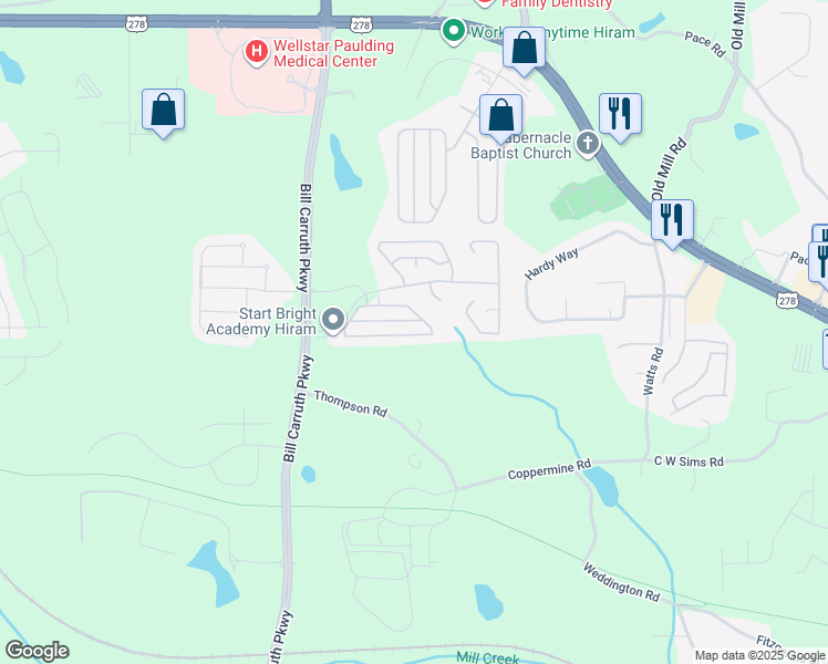 map of restaurants, bars, coffee shops, grocery stores, and more near 247 Stone Ridge Circle in Hiram