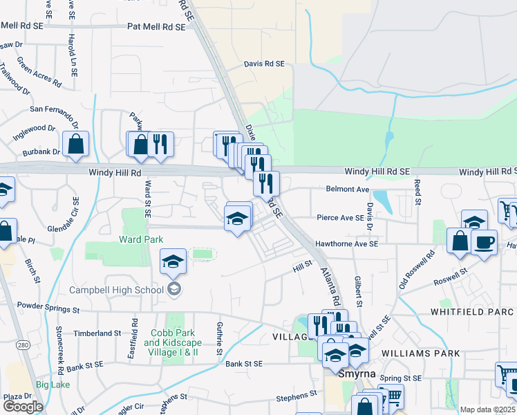 map of restaurants, bars, coffee shops, grocery stores, and more near 1129 Kirkland Circle in Smyrna
